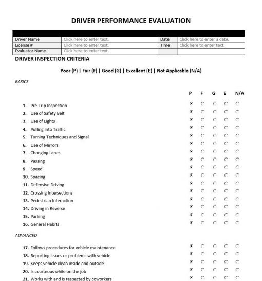 Driver Performance Evaluation Form Evaluation Forms